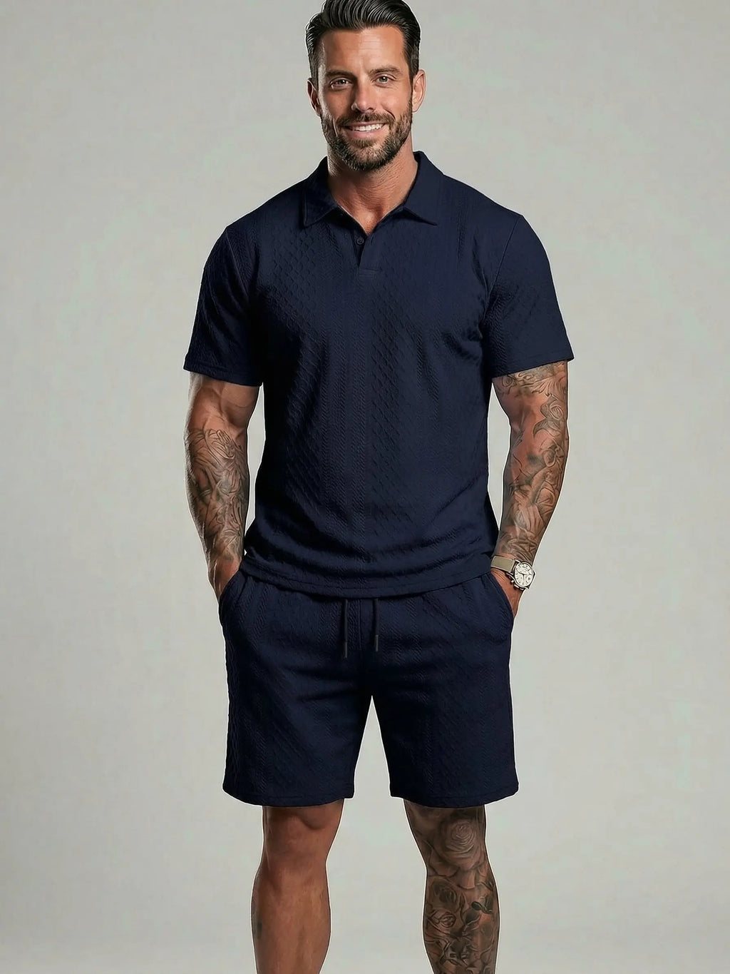 Men's Solid Polo Shirt & Shorts Set Comfortable & Breathable