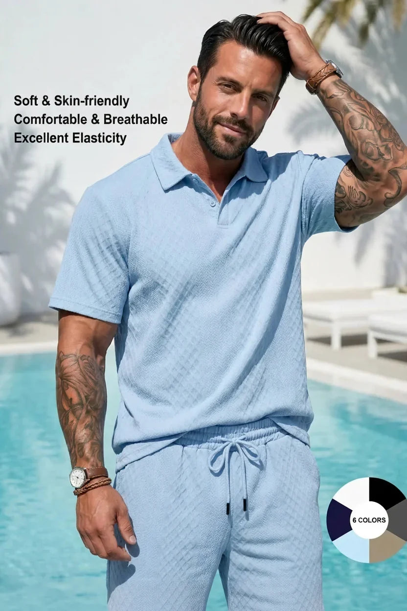 Men's Solid Polo Shirt & Shorts Set Comfortable & Breathable