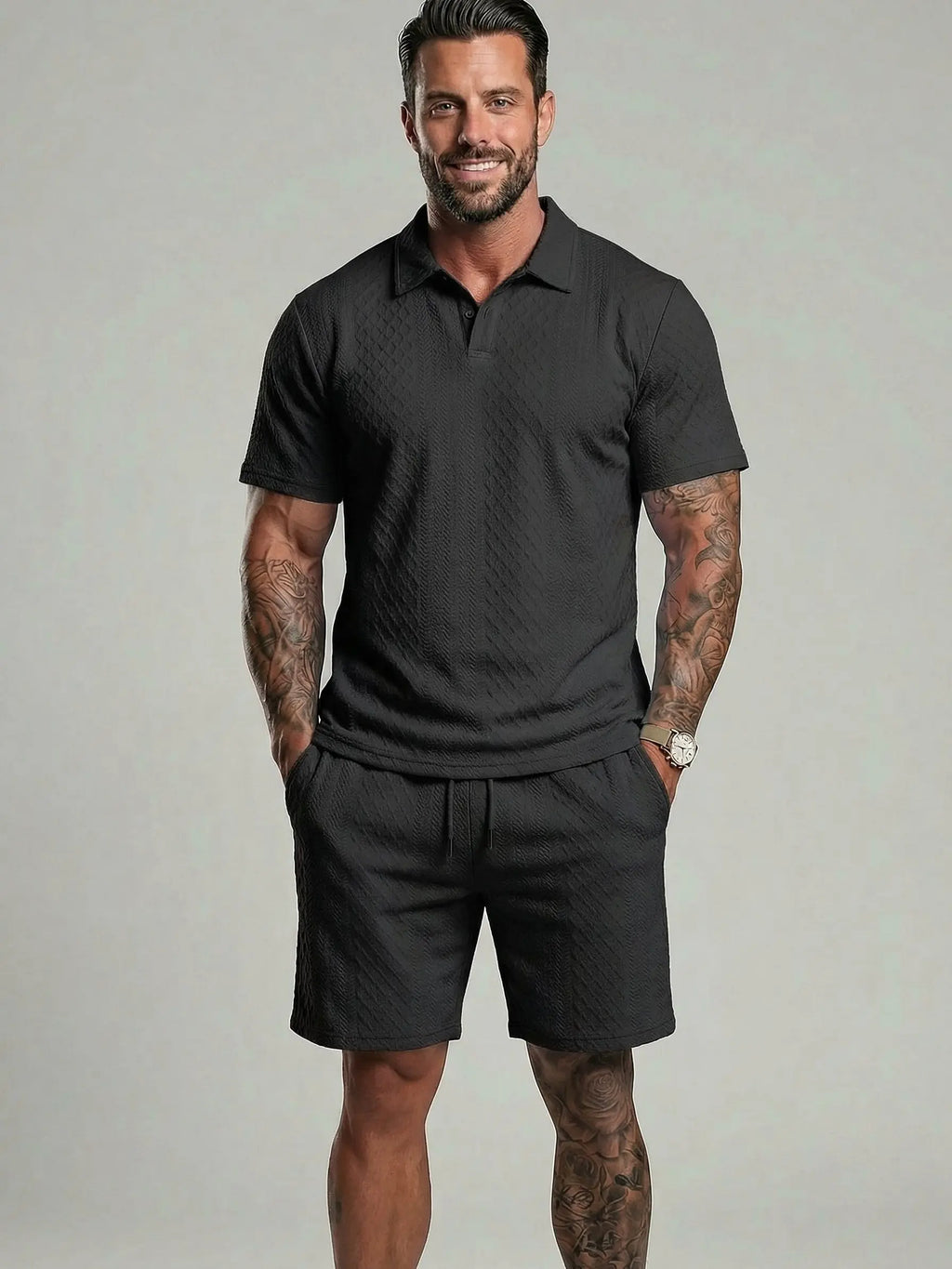 Men's Solid Polo Shirt & Shorts Set Comfortable & Breathable
